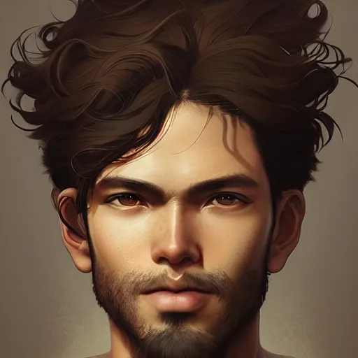 Image similar to Portrait of man with Tousled Curls type hair and Brown Indonesian-type skin, with round face, atmospheric lighting, intricate detail, cgsociety, ambient light, dynamic lighting, anime style by Yusuke Kozaki