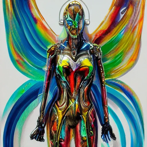 Prompt: abstract, mixed media painting of a Cyber Biomech angel , chrome, bright halo