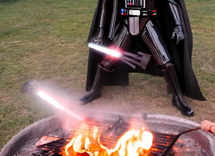 Image similar to film still of Darth Vader cooking on an outdoor grill in the new Star Wars movie, 4k