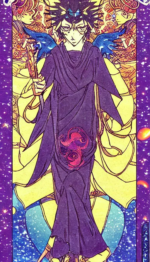 Prompt: anime tarot card based on the card Judgement,, beautiful lines, cosmic, psychedelic, detailed, clean