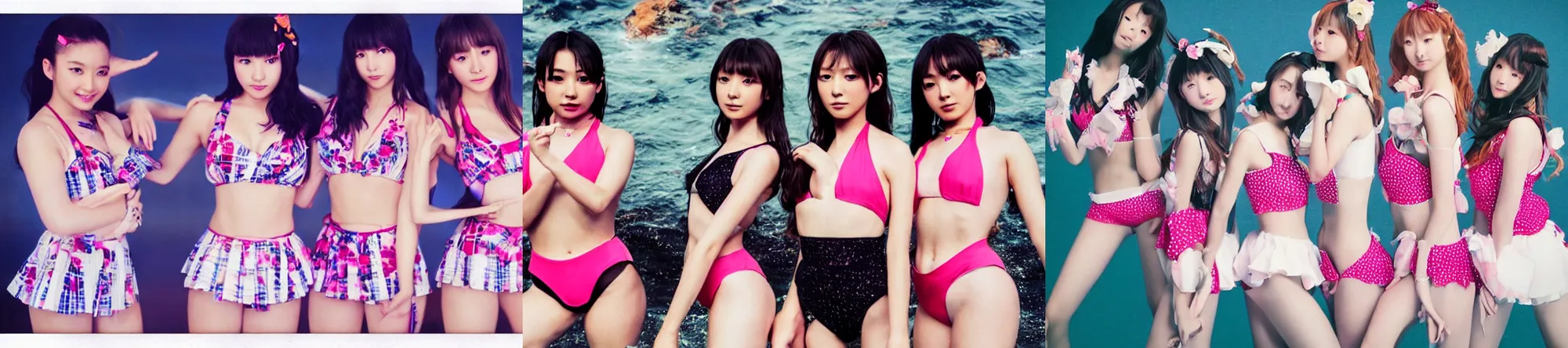 Prompt: unbelievably beautiful, perfect, dynamic, epic, cinematic 8 k hd movie shot, three beautiful cute young j - pop idols av actresses in japanese girl band, posing together in swimsuits. hollywood style, at behance, at netflix, with instagram filters, photoshop, adobe lightroom, adobe after effects, taken with polaroid kodak portra