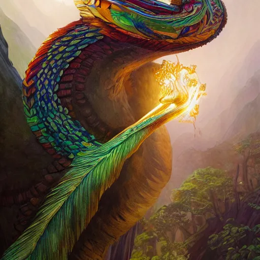 Image similar to quetzalcoatl glowing with magic, quetzal feathers,jungle landscape, D&D, fantasy, intricate, elegant, highly detailed, digital painting, artstation, concept art, matte, sharp focus, illustration, art by Artgerm and Greg Rutkowski and Alphonse Mucha