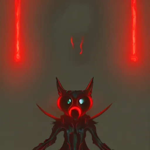 Image similar to [ horrific anthropomorphic pitch black creature with glowing red eyes ]! standing in an [ immensely dark corridor ]!, digital art style, concept art, trending on [ artstation ], contest winner, award winning, 4 k quality