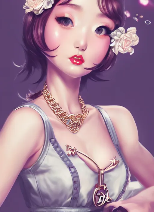 Image similar to a pin up and beautiful fashion dreamlke japan girl with lv jewelry, character art, art by artgerm, wlop, loish, hyperdetailed, 8 k realistic, symmetrical, global illumination, radiant light, frostbite 3 engine, cryengine, dof, trending on artstation, digital art, chanel, dior, detailed background