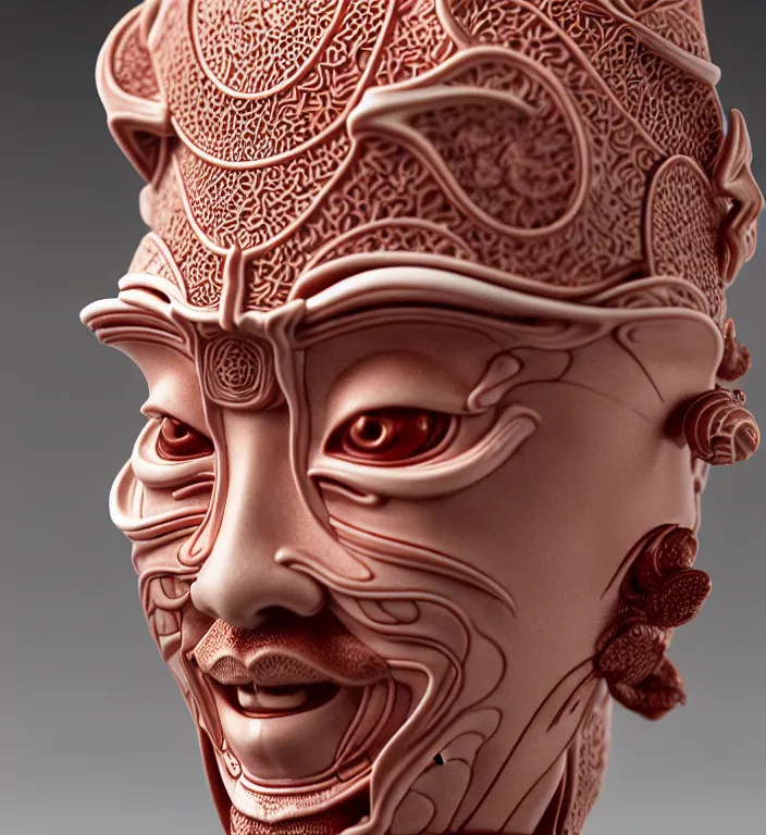 Prompt: Samurai, A Close up photo-real delicate ceramic porcelain sculpture of a symmetrical ornate detailed in front of an intricate background by Victo Ngai and takato yamamoto, micro detail, backlit lighting, face in focus, subsurface scattering, translucent, thin porcelain, octane renderer, colorful, physically based rendering, japanese pottery, trending on cgsociety
