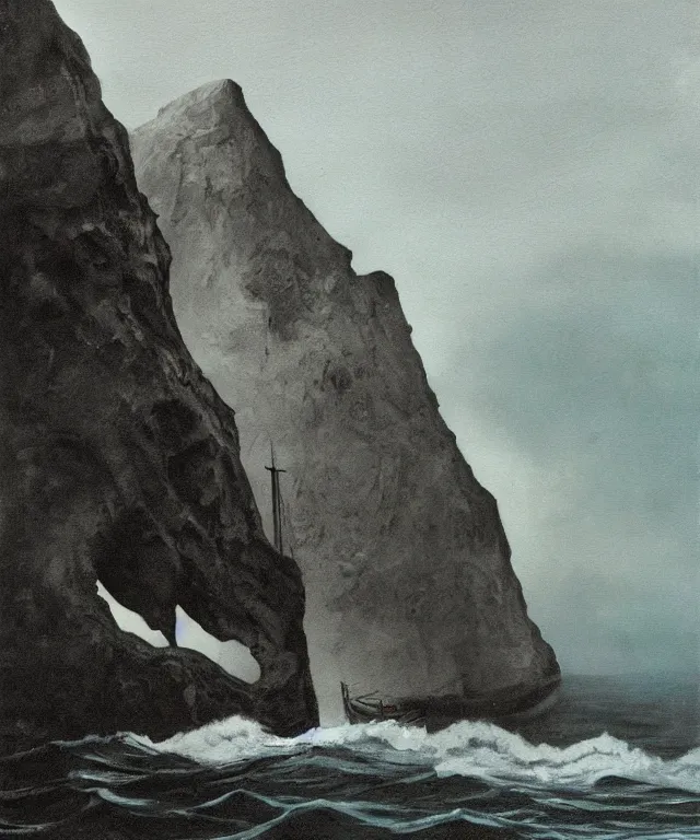 Image similar to photorealistic painting of a 1 9 2 5 seiner sailing near a short tropical cliff with the mouth of a sea cave at the waterline, dark, brooding, atmospheric, lovecraft, horror, smooth, epic, highly detailed, cinematic, by lee gibbons