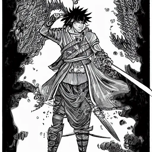 Image similar to a handsome golden Vagabond magic swordsman glides through a beautiful battlefield magic the gathering dramatic esoteric pen and ink illustrated in high detail by Kishimoto