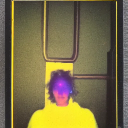 Image similar to color Polaroid of an extremely tall creature in a hallway with long limbs and yellow energy