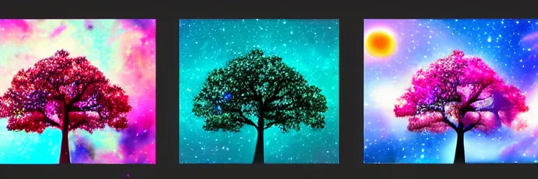 Prompt: beautiful trees, colorful stars and galaxies, trending on artstation, hd photography