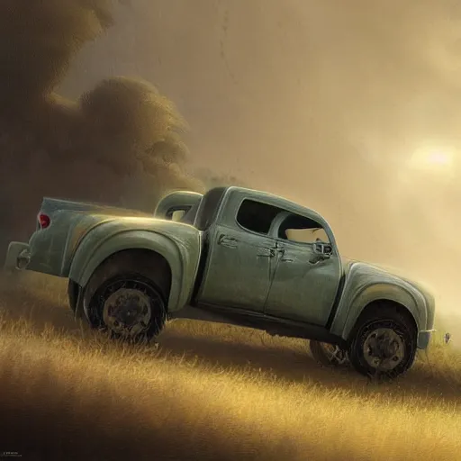 Image similar to a beautiful detailed realistic pick - up truck in a serene landscape with an eerie dark magic lightning portal to another dimension, by john howe and alexander skold and andreas rocha. vray, raytracing, detailed lighting, volumetric lighting, cinematic lighting, very wide shot, f 8