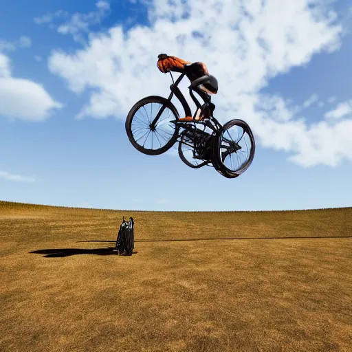 Image similar to A flying bike, the bike is flying in the air, the photo was taken from the ground looking up at the sky, realistic, ultra high detail, 8k.