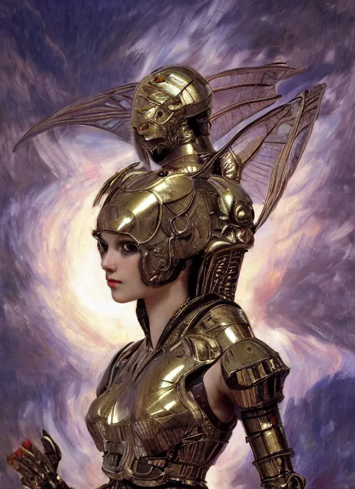 Image similar to a biblical diabolical beautiful female valkyree android, shiny plastic armor, fly, dynamic pose, splashing, heavy eyes to the side, closeup, bright glowing veins, in clouds, rain, sunset, portrait, by gerald brom, by mikhail vrubel, by peter elson, muted colors, extreme detail, reflections, trending on artstation, 8 k