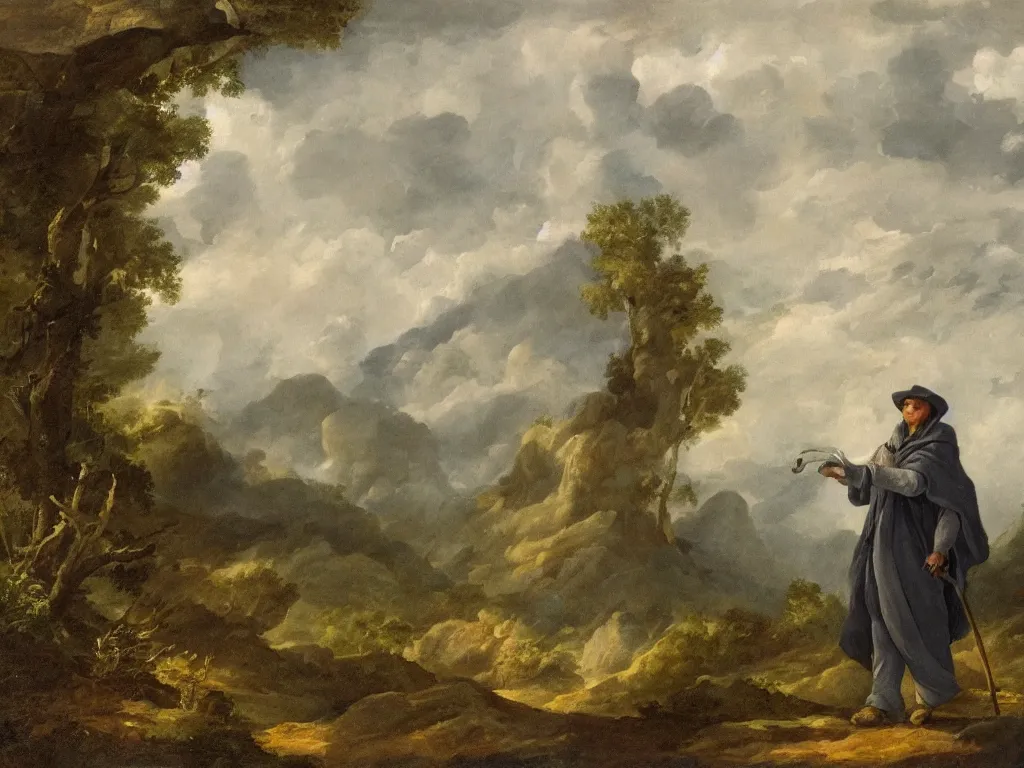 Image similar to a man in a grey cloak and brimmed hat with a staff travelling trough the forest and mountains looking at the clouds in the style of neo-romanticism