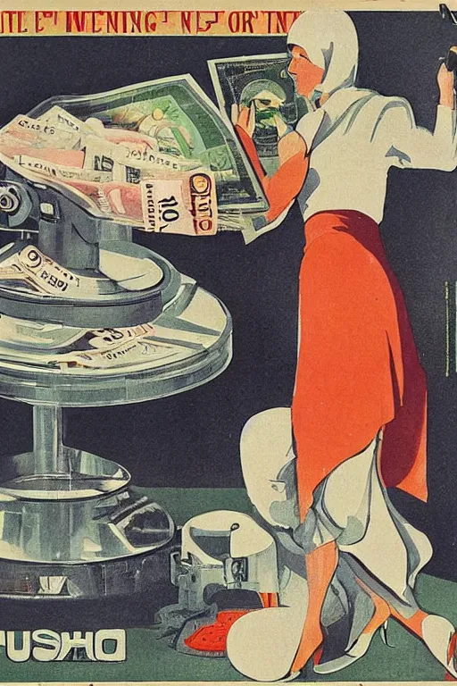 Prompt: a weighing machine with a businesswoman on the left plate and cash on the right plate. Italian Futurist poster art