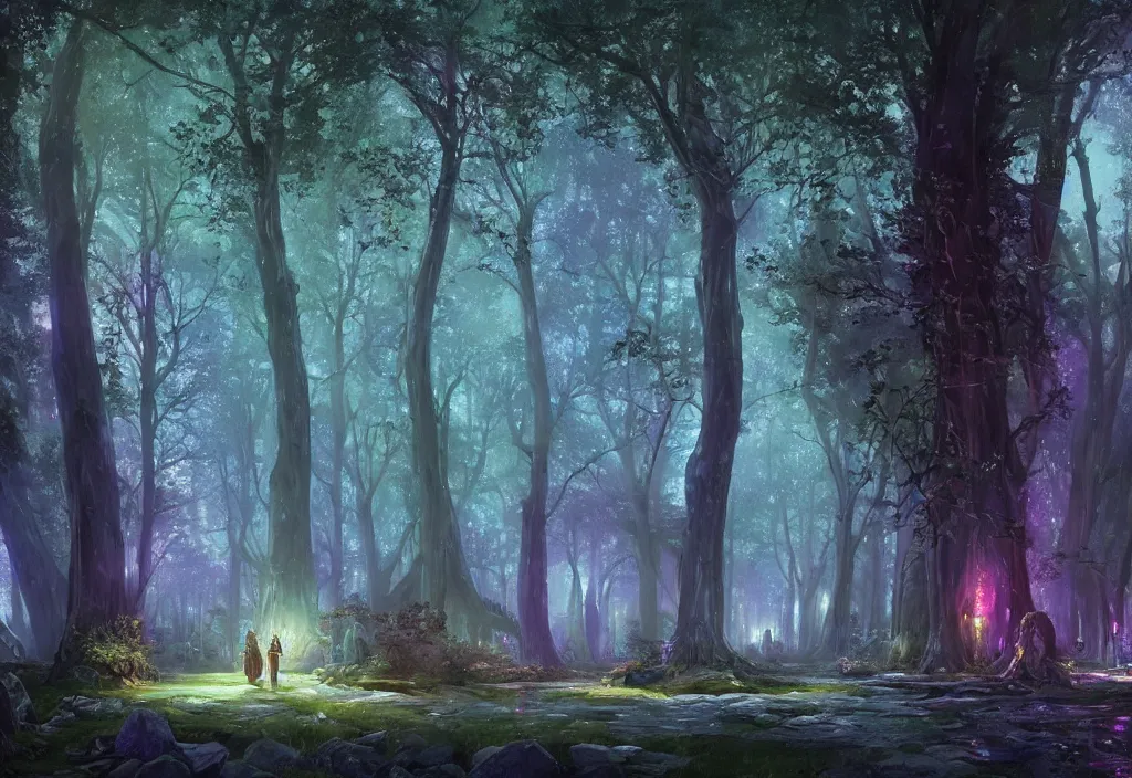 Prompt: Lothlorien at night, very dark with green lights, blue lights and purple lights, elven forest town with houses up in the trees, oil painting, very detailed, dramatic lighting, Jakub Kasper, Makoto Shinkai, Simon Stålenhag, matte painting, hyperrealistic, cinematic, elegant, intricate