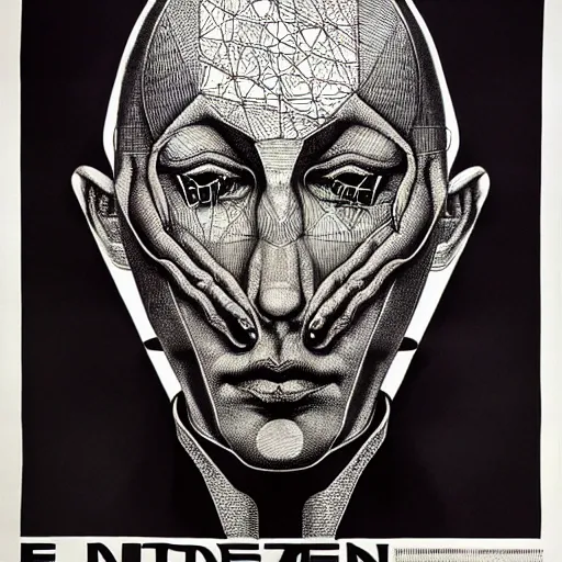 Image similar to dry needle print polish poster conceptual figurative post - morden monumental portrait made by escher and giger, highly conceptual figurative art, intricate detailed illustration, controversial poster art, polish poster art