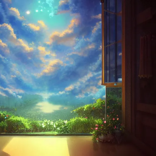 Image similar to a heavenly dream view from the interior of my symmetrical world of macroscopic plants from a Makoto Shinkai oil on canvas inspired pixiv dreamy scenery art majestic fantasy scenery cozy window frame fantasy pixiv scenery art inspired by magical fantasy exterior