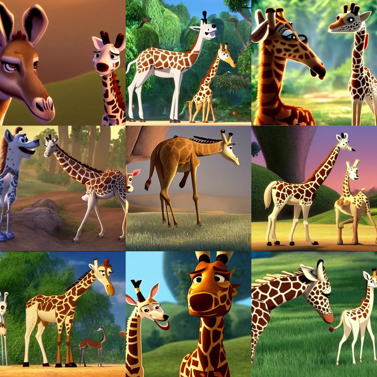 Prompt: a wolf and a giraffe looking at each other, screen capture from a pixar movie