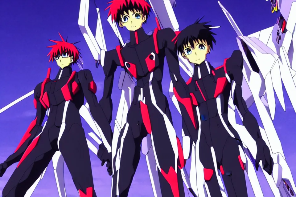 Image similar to anime illustration of black evangelion eva - 0 1 standing menacingly behind ikari shinji who is wearing a black plugsuit, cinematic lighting, evangelion anime poster, rebuild of evangelion 1 0 8 0 p, 9 0 s anime aesthetic, volumetric lights, rule of thirds, unreal engine render, pinterest wallpaper, trending on artstation