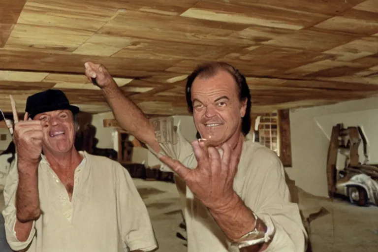 Image similar to Jack Nicholson pointing at the completed Noah's Ark while it's doors are open