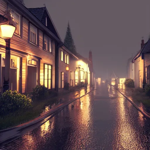 Prompt: dark rainy night, lights, swedish houses, cars driving, rain on screen, realistic, cinematic, raytracing, intense detail, artstation