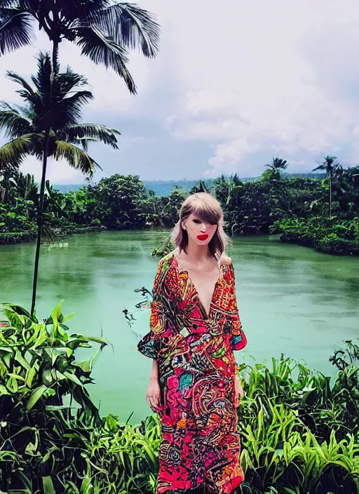 Prompt: taylor swift wearing batik bali in bali. temple, lake, rice field, ocean. front view. instagram closeup holiday photo shoot, perfect faces, beautiful, lighting