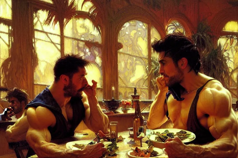 Image similar to 2 muscular attractive men having dinner, painting by gaston bussiere, craig mullins, greg rutkowski, alphonse mucha