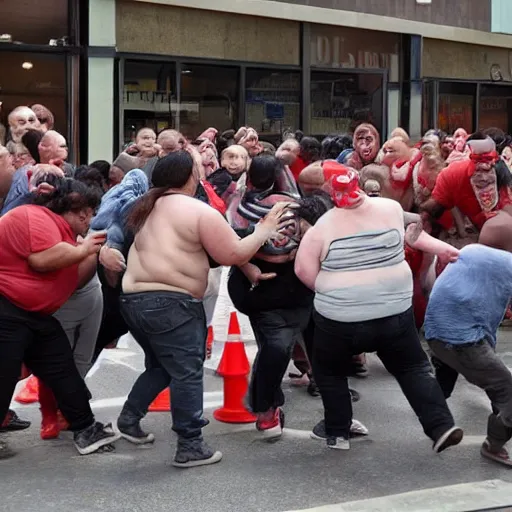 Image similar to a horde of obese zombies trying to get into a barricaded KFC.