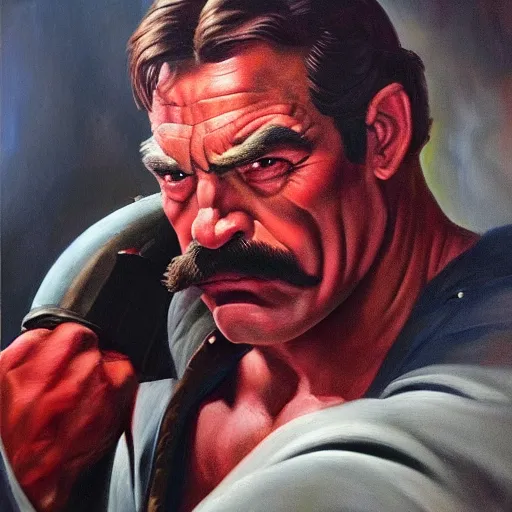 Image similar to ultra realistic portrait painting of tom selleck as hellboy, art by frank frazetta, 4 k, ultra realistic, highly detailed, epic lighting