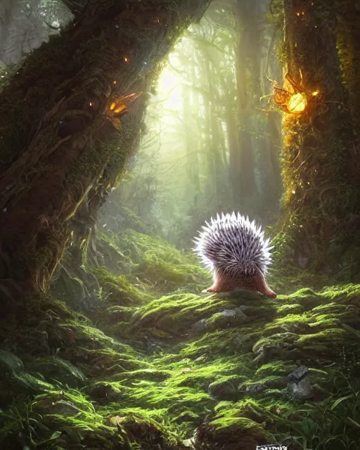 Prompt: Hedgehog druid, gaia, nature, fairy, forest background, magic the gathering artwork, D&D, fantasy, cinematic lighting, centered, symmetrical, highly detailed, digital painting, artstation, concept art, smooth, sharp focus, illustration, volumetric lighting, epic Composition, 8k, art by Akihiko Yoshida and Greg Rutkowski and Craig Mullins, oil painting, cgsociety