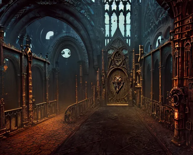 Image similar to steam necropolis, memento mori, gothic, neo - gothic, art nouveau, hyperdetailed copper patina medieval icon, stefan morrell, philippe druillet, ralph mcquarrie, concept art, steampunk, unreal engine, detailed intricate environment, octane render, moody atmospherics, volumetric lighting, ultrasharp, ominous, otherworldly