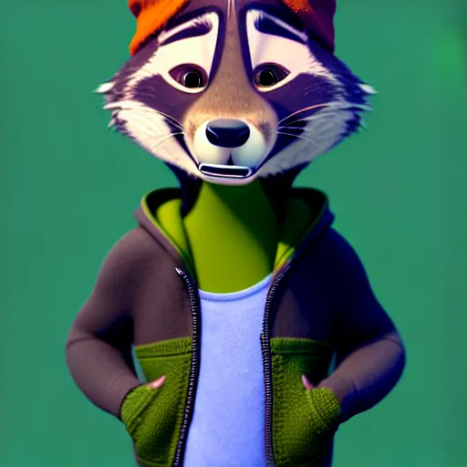 Image similar to a relaxed stoner with a black hoodie on with a marijuana themed dark green raccoon head from zootopia, wearing beanie, smoking, 3 d, blender 3 d, render, extremely detailed, 8 k, detailed fur