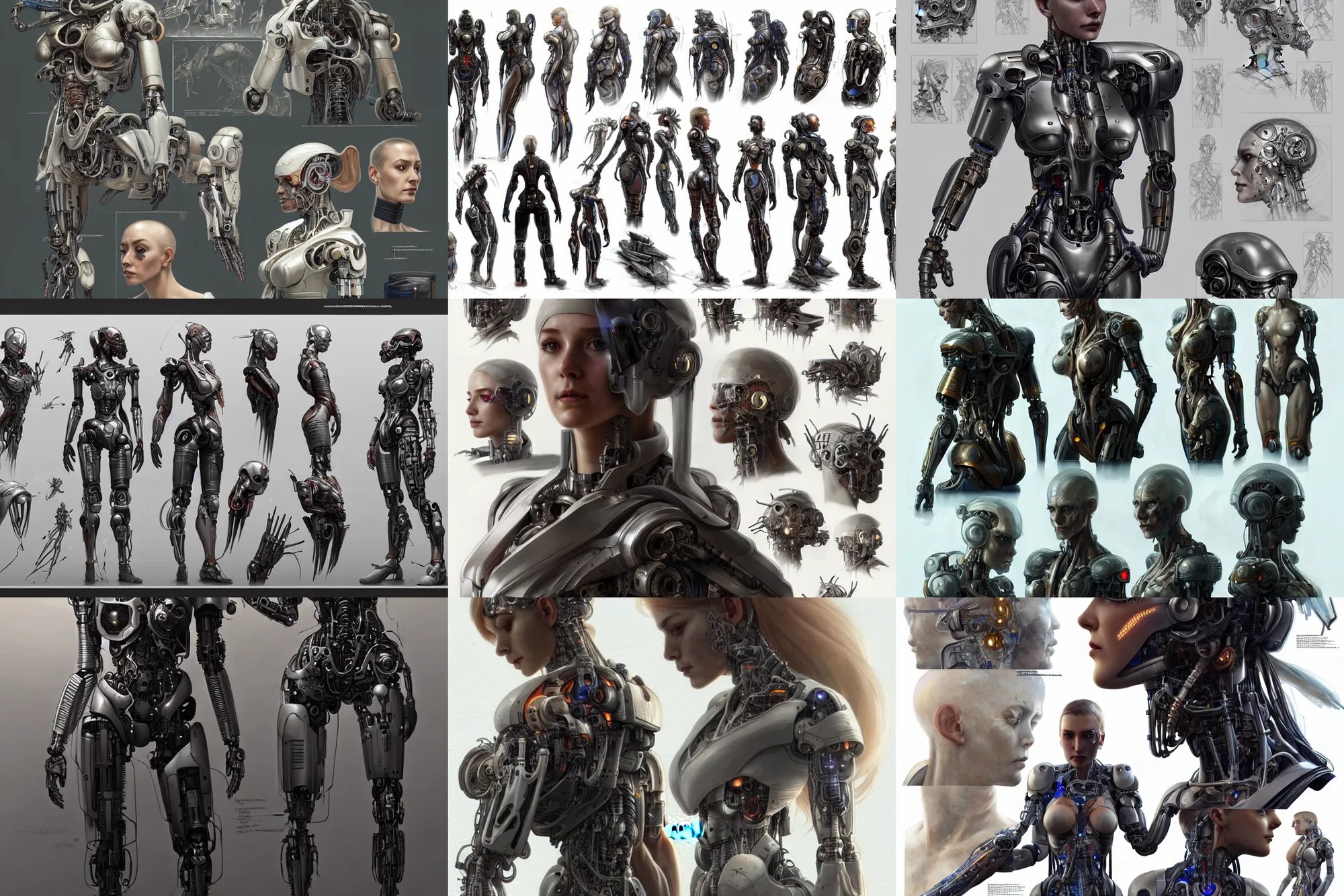 Prompt: character design, reference sheet, Ultra realistic illustration, beautiful alluring damaged cyborg being put back together in an super advanced military medical bay, cyberpunk, sci-fi, fantasy, intricate, elegant, highly detailed, digital painting, artstation, concept art, smooth, sharp focus, illustration, art by artgerm and greg rutkowski and alphonse mucha