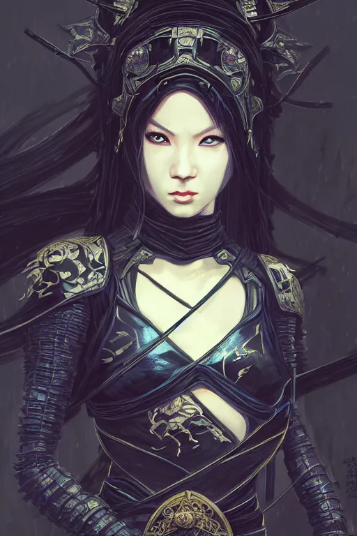 Image similar to portrait Ninja gaiden girl, armored black and blue ninja wardrobe, in ruin japanese rainny temple night, ssci-fi and fantasy, intricate and very very beautiful and elegant, highly detailed, digital painting, artstation, concept art, smooth and sharp focus, illustration, art by tian zi and WLOP and alphonse mucha