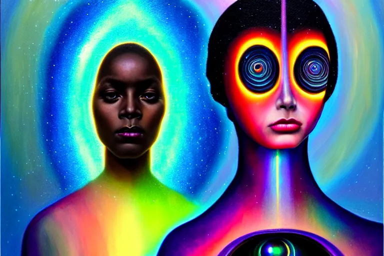 Prompt: patron saint of 🛸🌈👩🏾, futuristic iridescent clothing, wormhole, nebula, black hole, multiverse, neon god of city character portrait, in the style of margaret keane, moebius, tom bagshaw, and waterhouse, cinematic lighting, beautiful, elegant, oil painting,