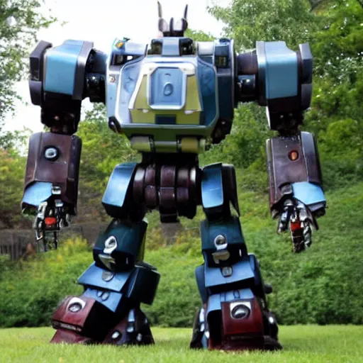 Image similar to giant oversized battle robot mech as giant baby on a village