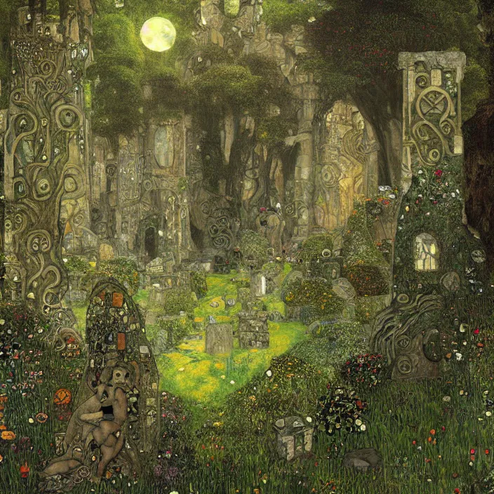 Prompt: ancient overgrown! ruins, medieval gates, runestones, mysetrious etherial mesmerizing runic!! cat eyes, magical elven geometry, concept art by gustav klimt!!, deviantart contest winner, environmental art, fairy circle, lit by moonlight!!, high detail, intricate masterpiece