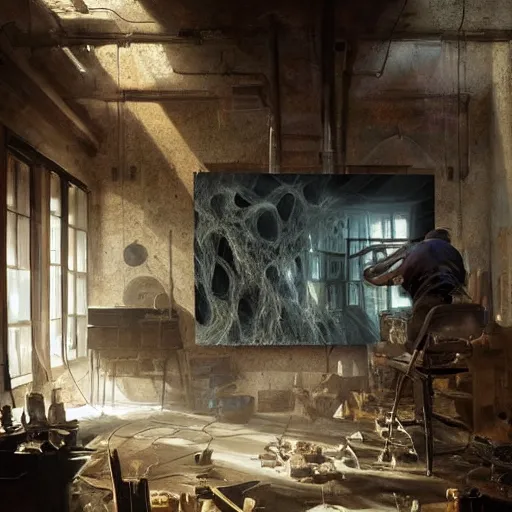 Prompt: an artist in his workshop creating a new strnage undiscovered form of matter, vivid caustics, realistic photography, beautiful interior, hyperrealism, incredible, award - winning photography, by greg rutkowski, lovecraftian
