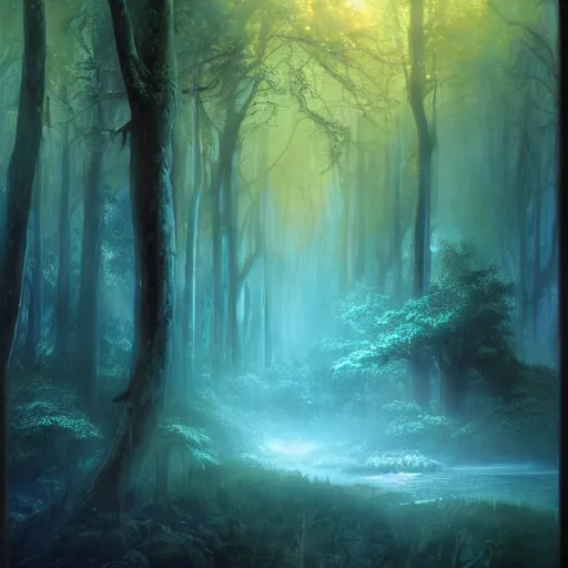 Prompt: a beutiful magical forest with a blue power source with runes on the side and a magical river by the side foggy realistic atmosferic casper david friedrich raphael lacoste vladimir kush leis royo volumetric light effect broad light oil painting painting fantasy art style sci - fi art style realism artwork unreal engine