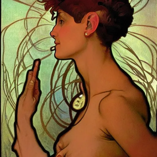 Prompt: portrait of Neytiri with tan skin and spiky short red hair by Alphonse Mucha and Grant Wood, tufted ears, avatar, gold eyes, wearing a men's suit