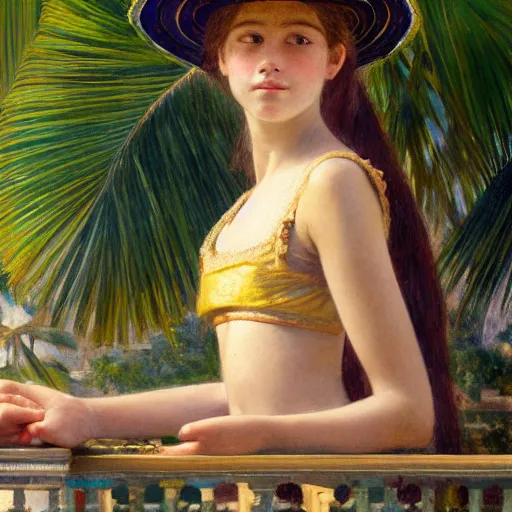 Image similar to a ultradetailed beautiful painting of a girl in the amazonas palace balustrade designed by jules bastien - lepage, hans belmer, frank weston and gustave baumann, beach, trending on artstation, mediterranean, palm trees, detailed face, sharp focus, soft light, 8 k 4 k