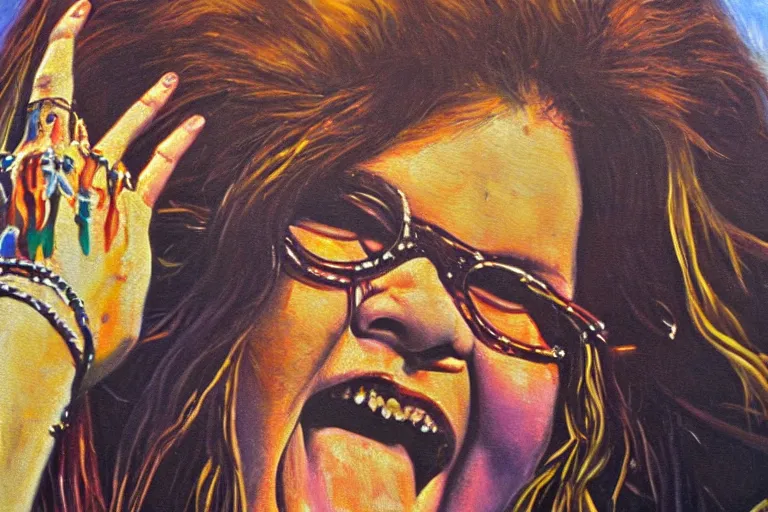 Image similar to highly detailed oil painting of janis joplin playing in woodstock, very realistic, top view, art nouveau, dramatic light,