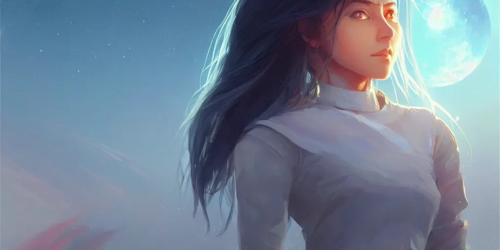 Image similar to Young Himalayan woman, somber white eyes, long ashy hair, gentle lighting, piloting a small space shuttle, futuristic, dim lighting, digital art by Makoto Shinkai ilya kuvshinov and Wojtek Fus, digital art, concept art,