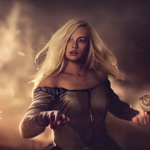 Prompt: beautiful blond hovering sorceress girl, casting a spell, in a destroyed city, moody lighting, 8 k, shallow depth of field, cinematic lighting,