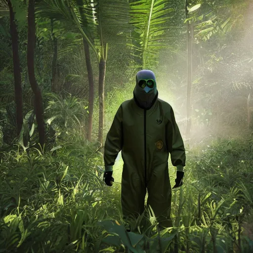 Image similar to a man wearing a hazmat suit and gasmask, walking through a lush jungle, unreal engine 5, ray traced, god rays, extremely high detail