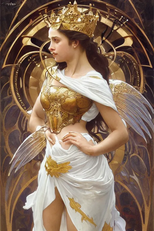 Prompt: full body portrait of a queen wearing white armor with ornate bronze and gold, white gossamer wings, art nouveau, profile, 4K, character concept art, oil painting, trending in artstation, cgsociety, by nekro, Alphonse Mucha, Artgerm, William-Adolphe Bouguereau, Greg Rutkowski