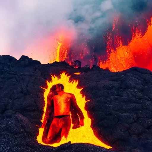 Image similar to man in a swimsuit blending with flowing lava on a volcano with magma eruptions