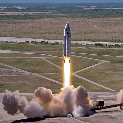 Prompt: nasa's new baguette rocket about to take off from a launch pad. the photo was taken slightly above a crowd of spectators looking at the baguette rocket and cheering on its launch