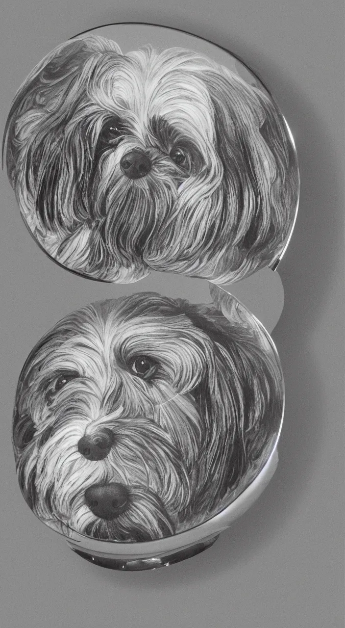 Prompt: self - portrait of a havanese dog reflection in a mirrored chrome sphere, by m c escher pen and paper