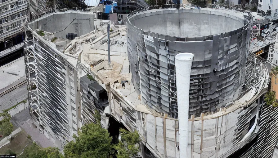 Image similar to the internal structure of modern american apartments is four stories high and there is a huge water storage tank on the roof
